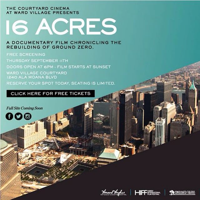 We’re giving away two tickets to Courtyard Cinema! All you have to do is like this post by 9/5 at 5pm and we will pick one lucky winner at random. 16 Acres the Movie﻿, a documentary film chronicling the rebuilding of Ground Zero, will be featured in one week on Thursday, Sept. 11.