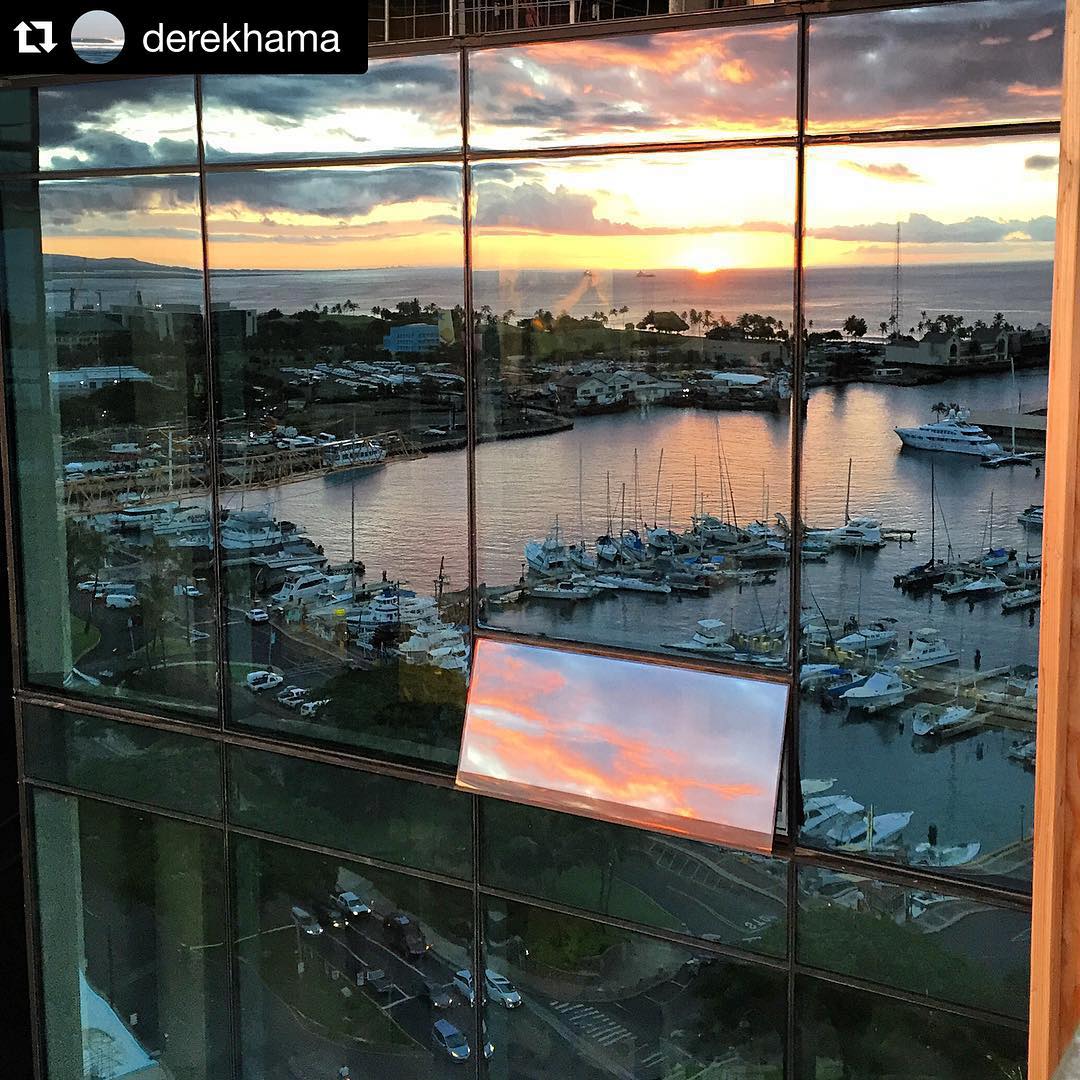 We’ll never get enough!  #Repost @derekhama with @repostapp. ・・・ Sunset reflection of @kewaloharborhi on the Waiea project, Makai end of the Diamond Head tower. A little bit of open deck with some hoist framing and open window to give it a job site feel. #weareward #sunset #waiea #sun #skylovers #reflection #jobsite #jobsitepics #hnnsunrise