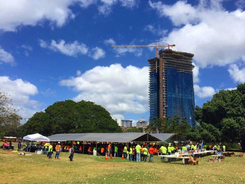 How many construction workers does it take to build Waiea? Hundreds! We recently celebrated with them at a top off luncheon across the street. #WeAreWard #WardVillage #Honolulu #AlaMoanaBeachPark #Waiea
