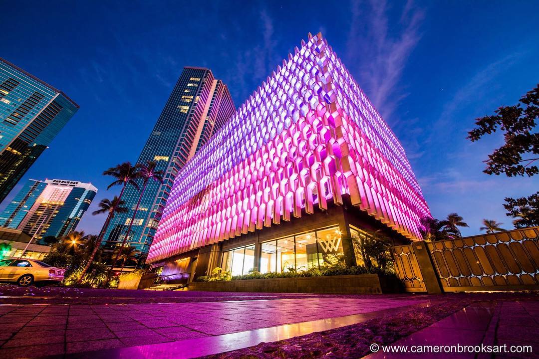The IBM Building’s Pink & Purple this week! #breastcancerawareness #domesticviolenceawareness #weareward #wardvillage #kakaako #honolulu #hawaii Photo by: @cameronbrooksart