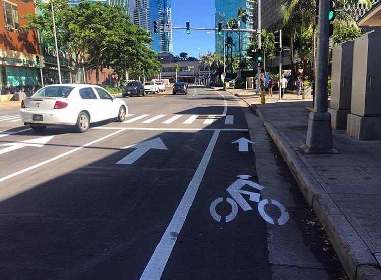 The bike lane installation along Auahi Street is almost complete! Photo by @hblridealoha #WeAreWard #WardVillage #Kakaako #Honolulu #Biking