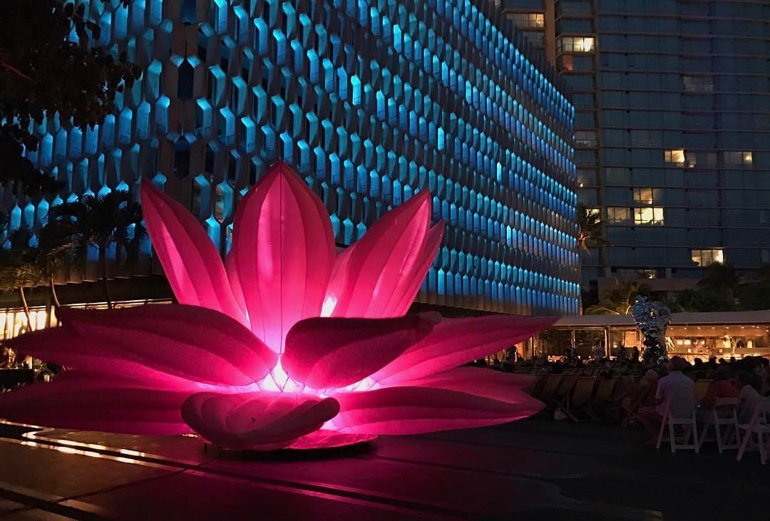 Tonight at Courtyard Cinema: Winter at Westbeth, a lit up Breathing Flower (Artist: Choi Jeong Hwa) & a lit up IBM Building for Hawaiʻi Says No More.
