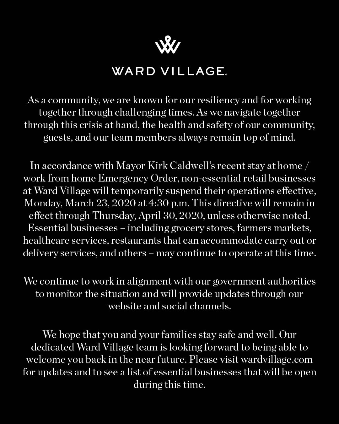 An update from Ward Village regarding COVID-19. For more information, please visit our link in bio.