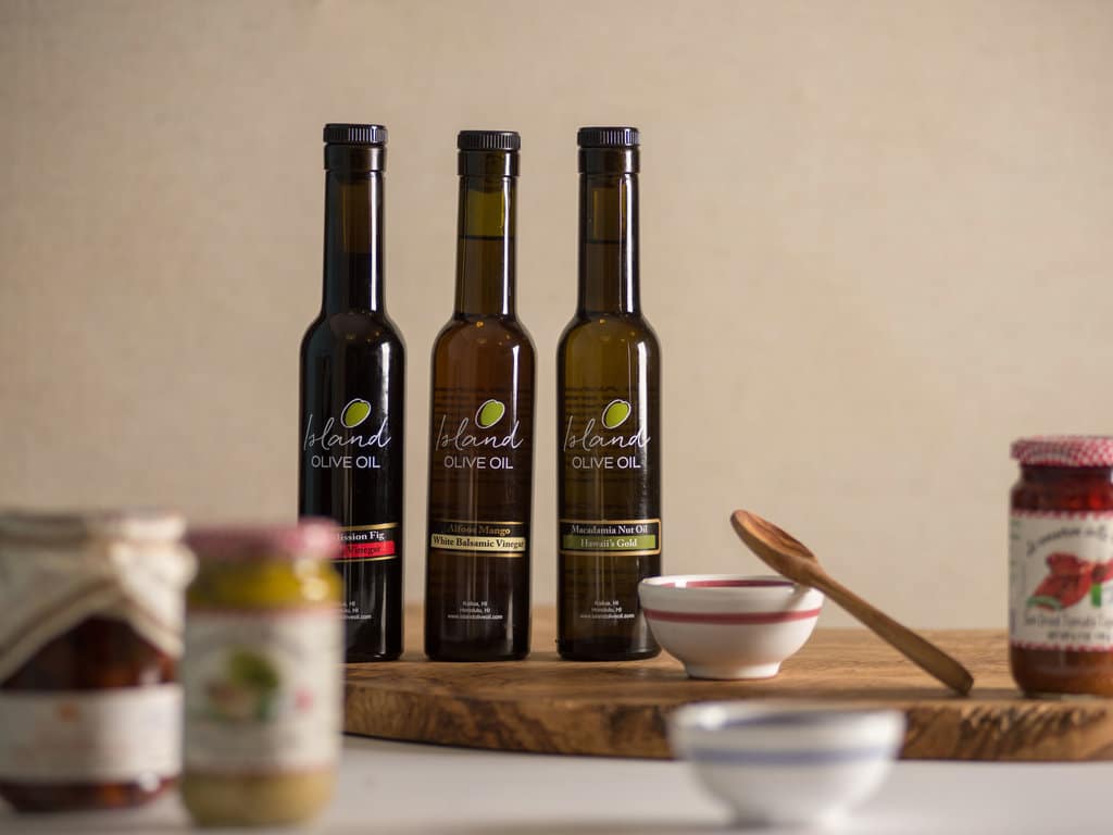 Three bottles of Island Olive Oil