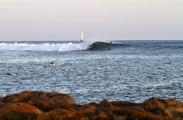 Surfers floating in the Pacific ocean