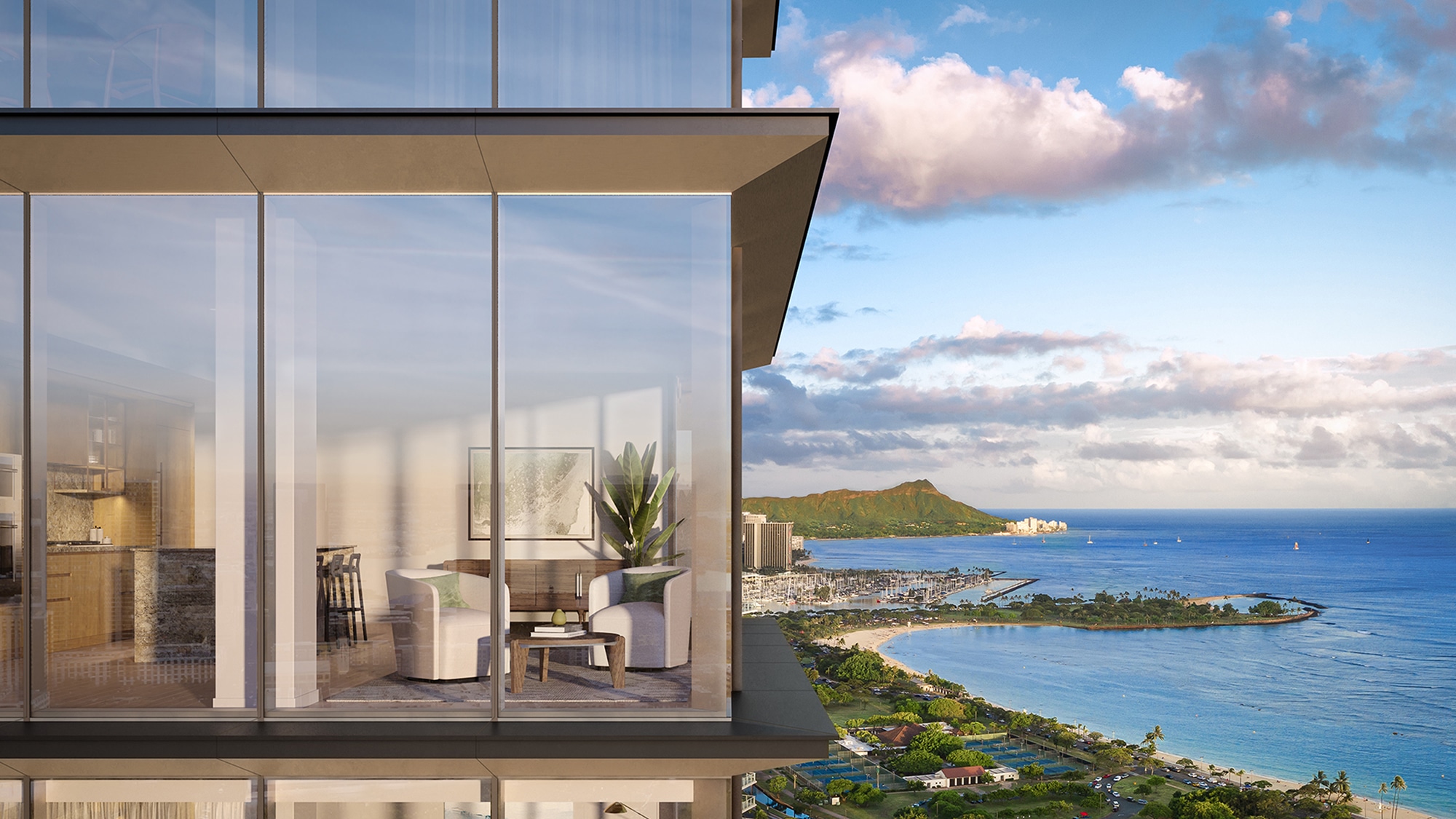 Superman view of residence living room and Diamond Head ocean view