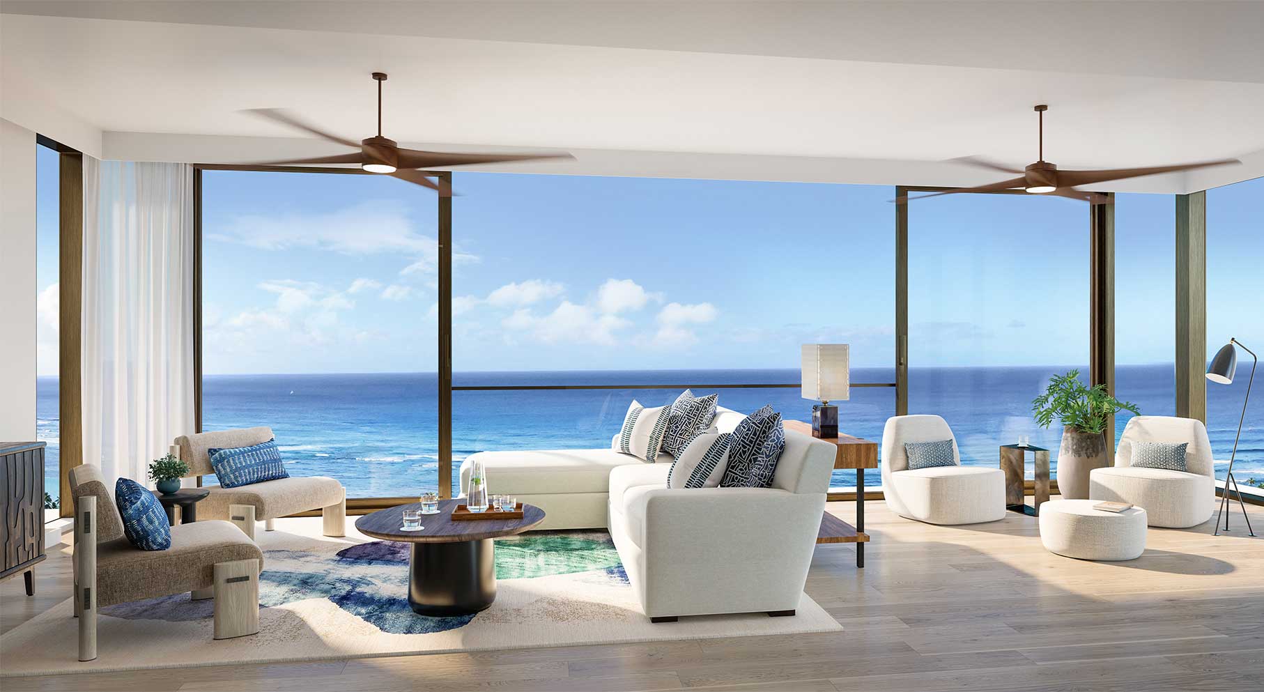 Open air living room with ocean front view at Victoria Place condominium