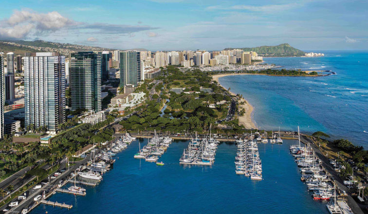 aerial view of Waikiki and Diamond Head in the background