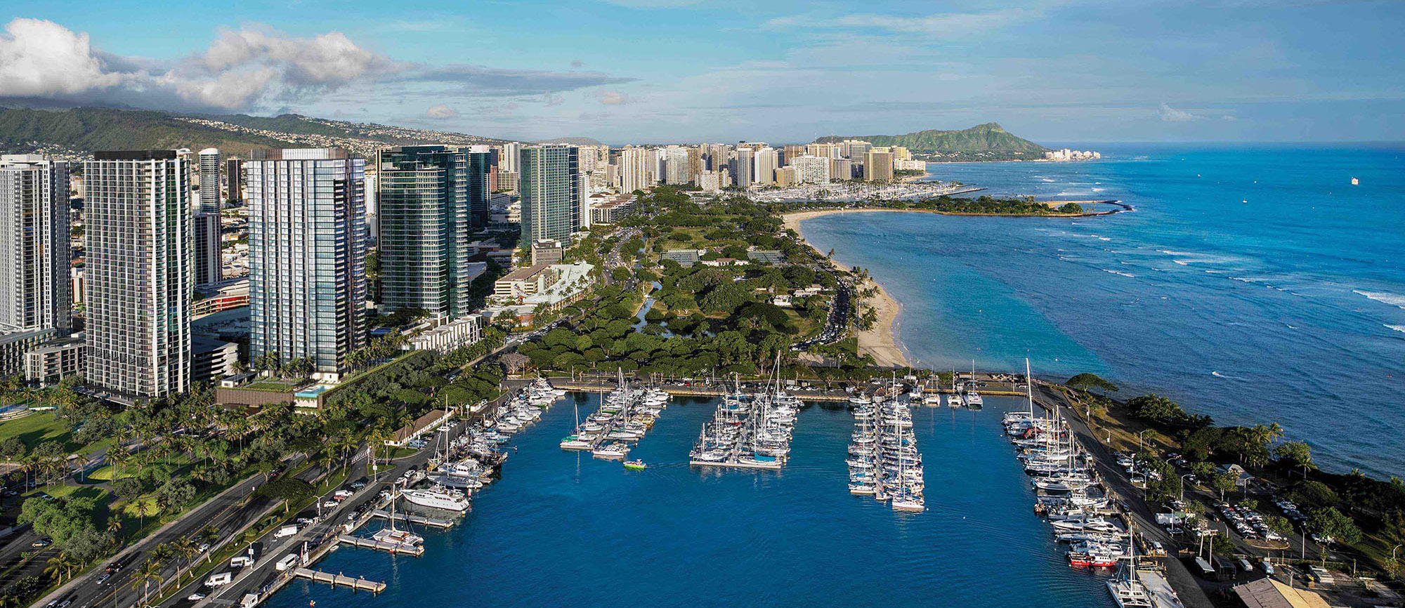 aerial view of Waikiki and Diamond Head in the background