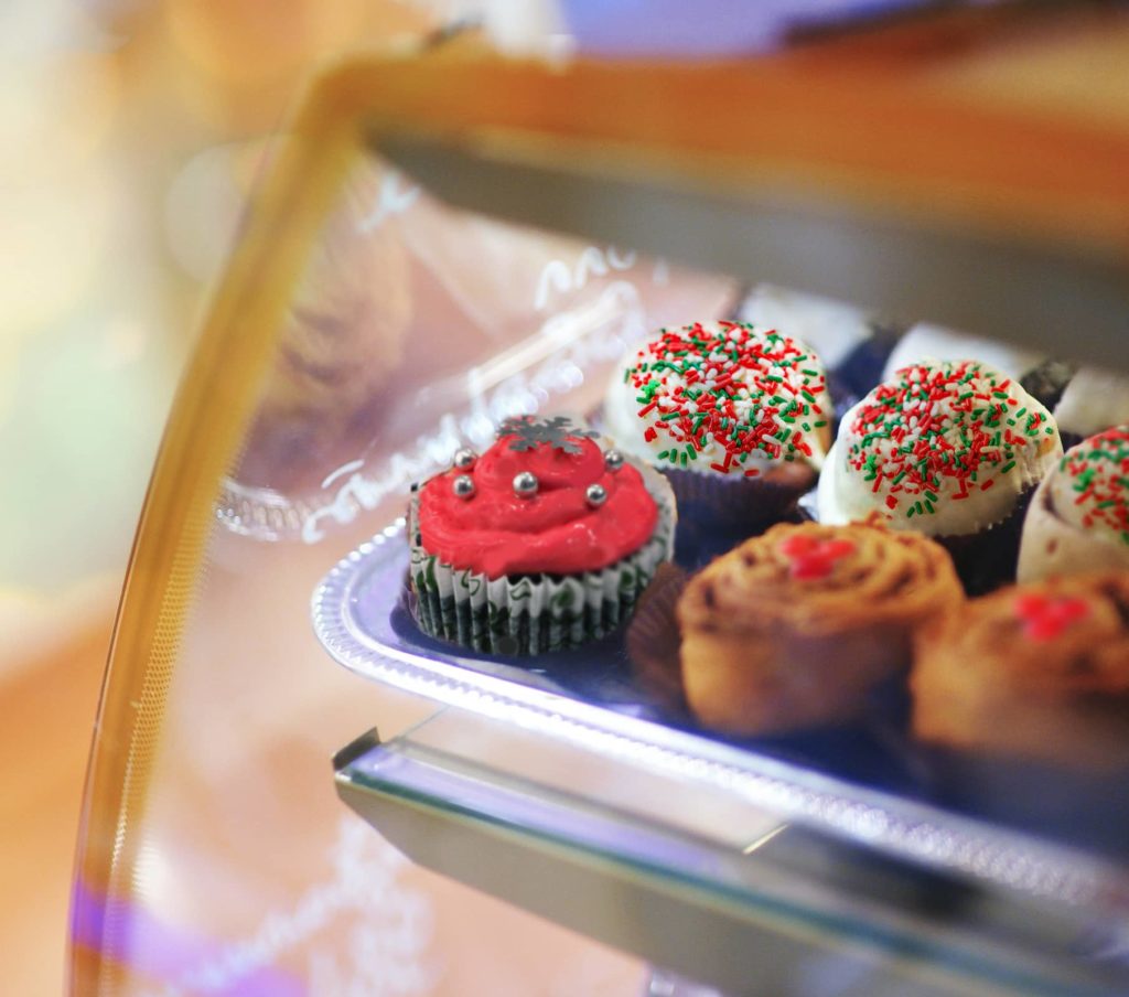 Baked goods in a café front