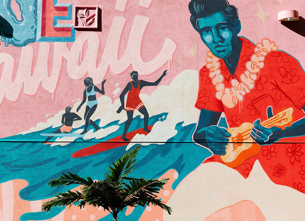 Surfing & Aloha shirt figures on PowWow street wall art