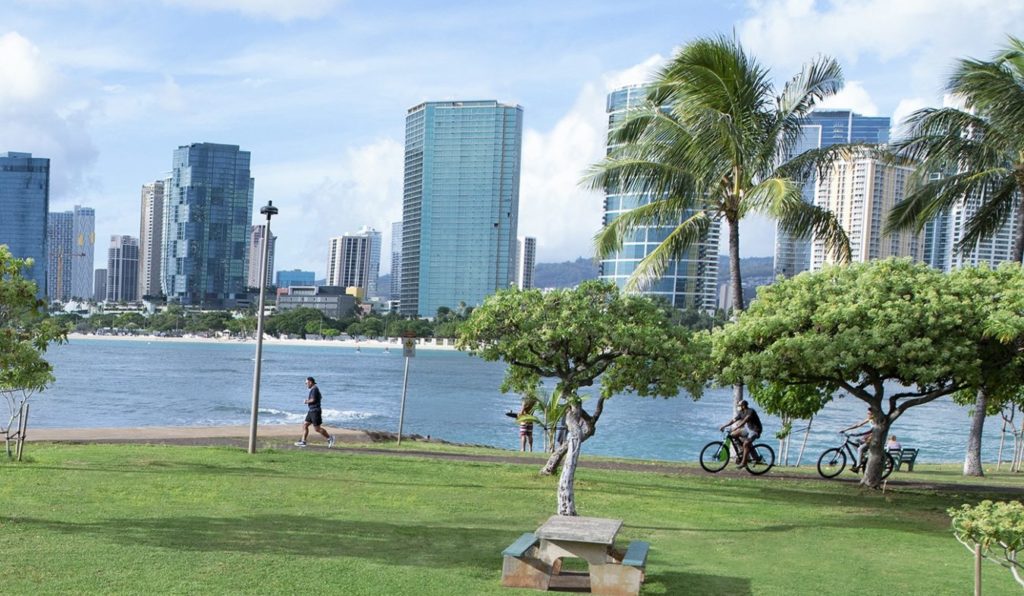 Magic Island in front of cityscape