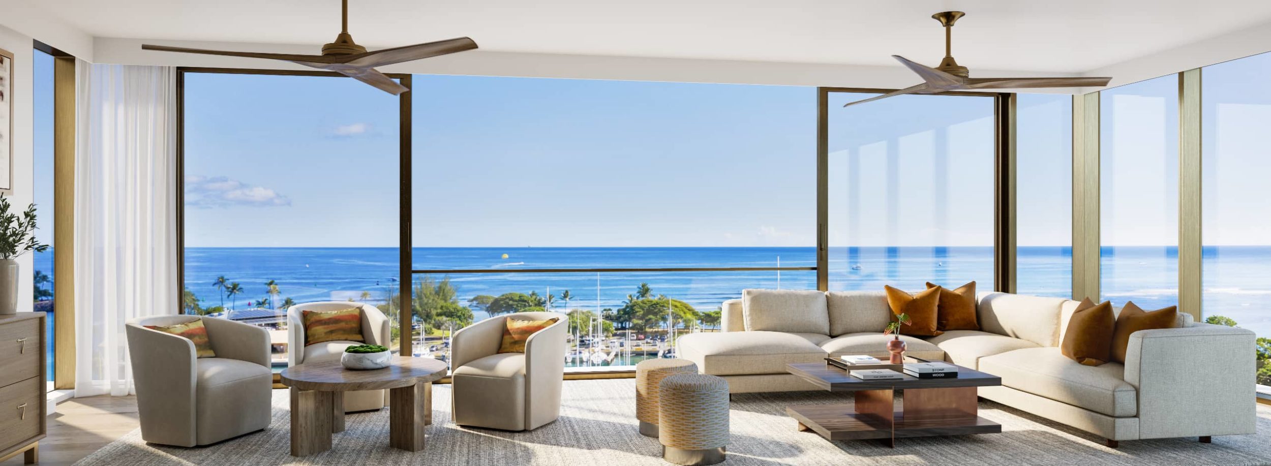 Open air living room with ocean front view at Victoria Place condominium