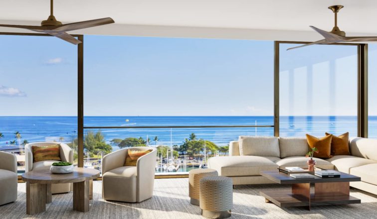Open air living room with ocean front view at Victoria Place condominium