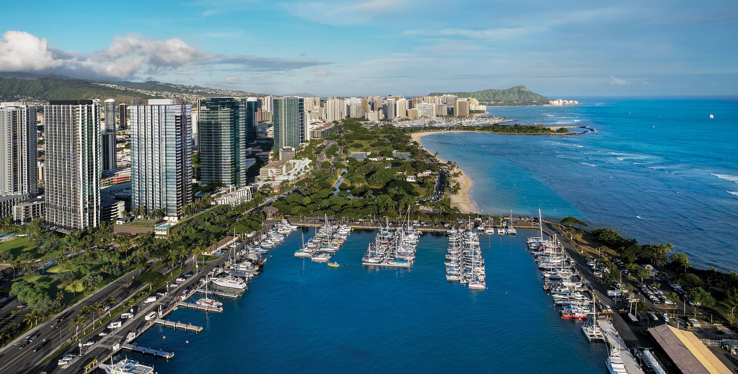 Kewalo Harbor and Ward Village buildings