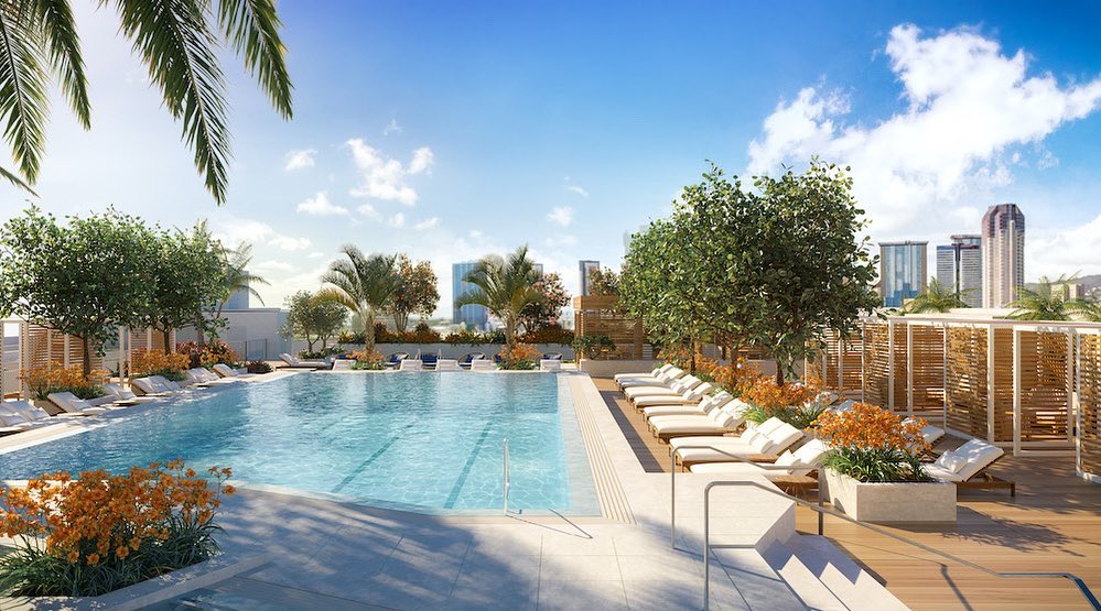 The ‘A‘ali‘i Pool Deck, featuring barbecue grills, private lounges and multiple recreation areas, to awaken your spirit or celebrate a day well spent. Move-ins are scheduled to begin this fall. #WardVillage #AaliiWardVillage