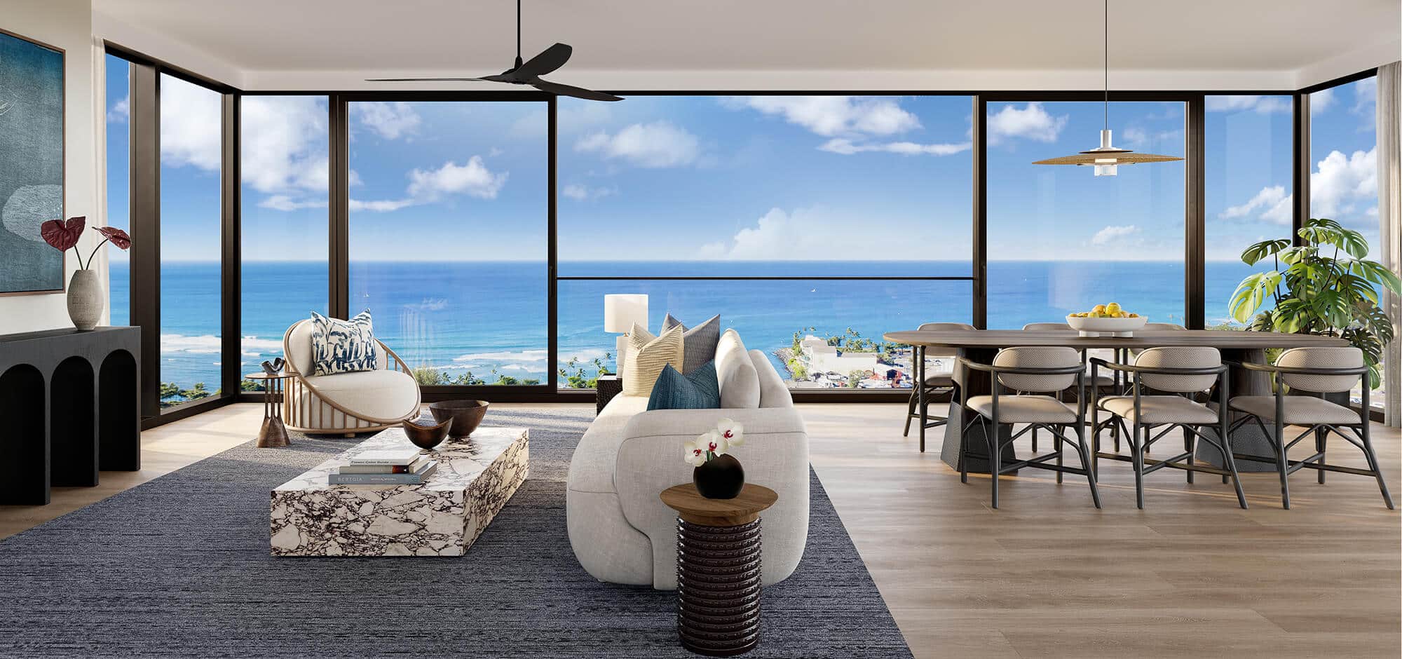 Kalae living room with ocean front view.