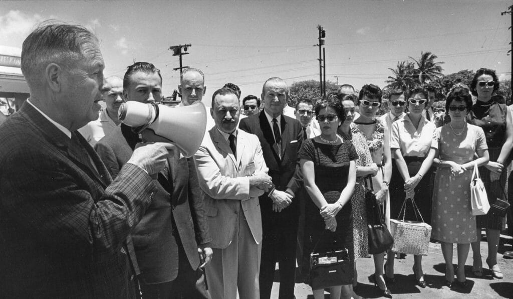 IBM Building dedication ceremony captured in black and white.