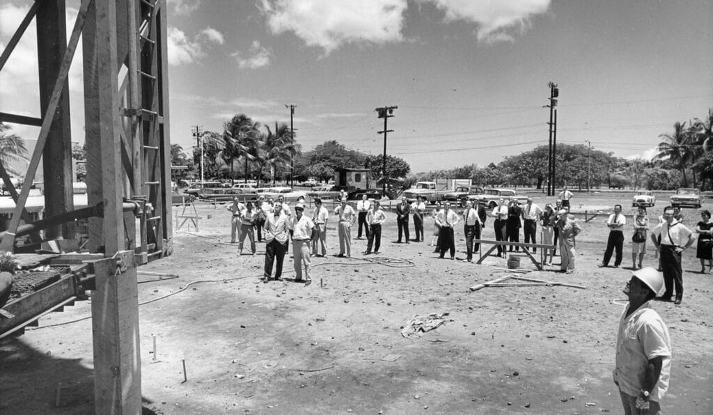 The IBM Building construction site captured in black and white.