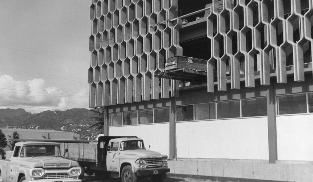 The IBM Building construction site captured in black and white.