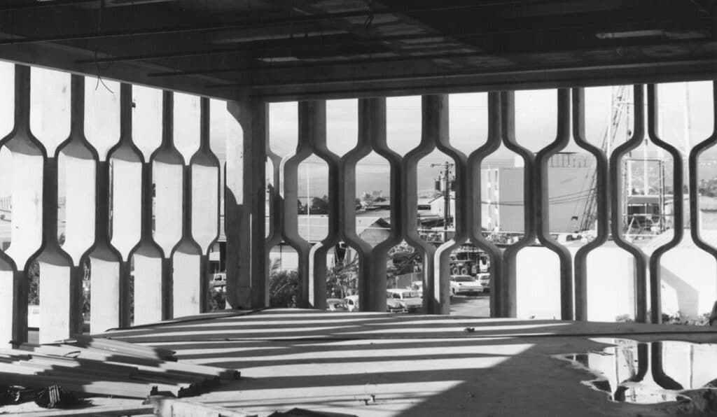 The IBM Building construction site interior facing out captured in black and white.