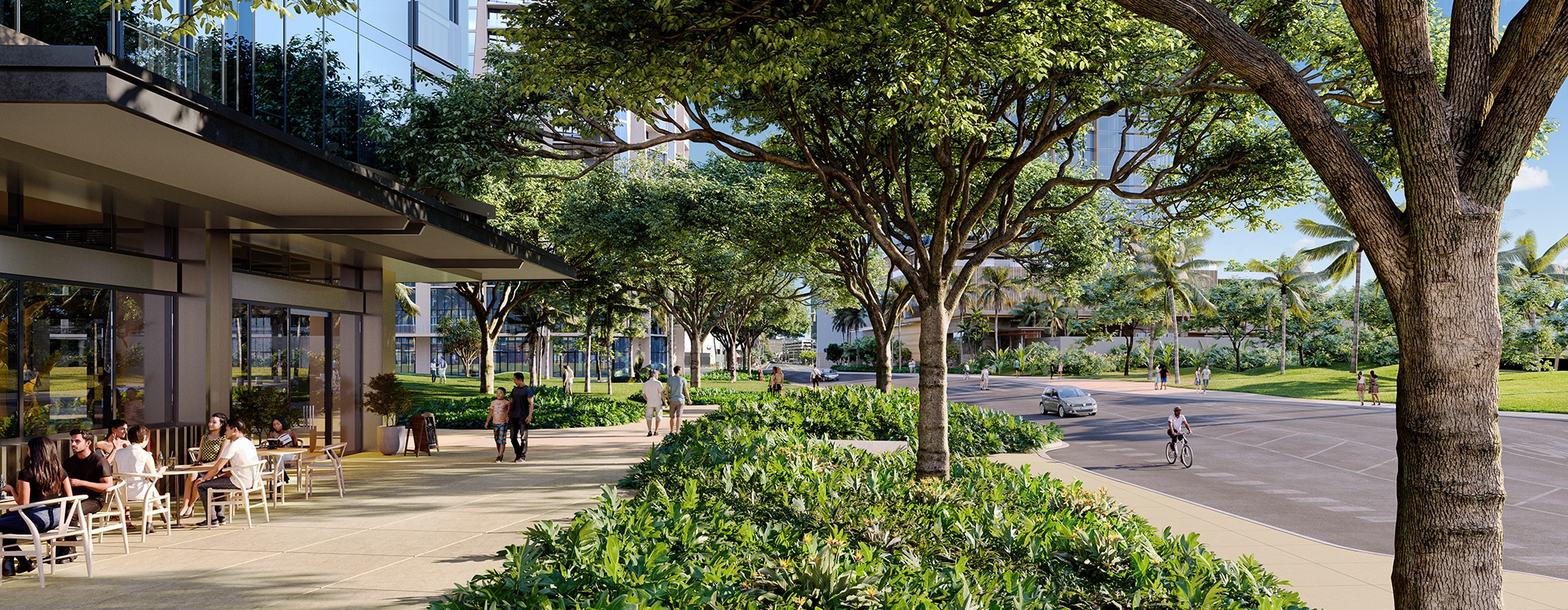 Rendering street view of a nearby restaurant that has a walkway and trees along by it