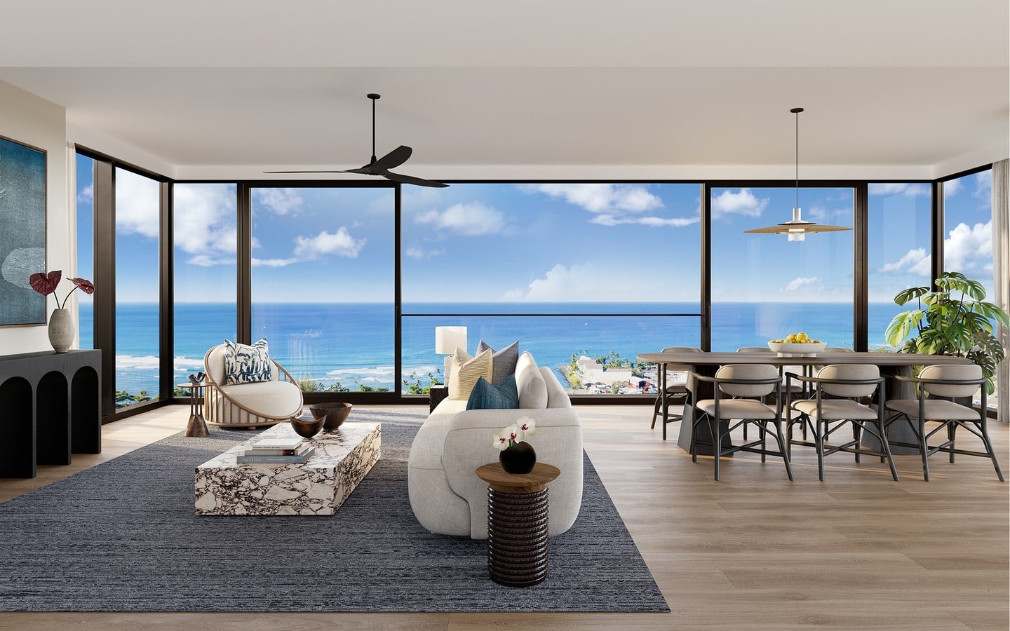 At Kalae, enjoy sweeping views of Oʻahu’s southern shore, from Diamond Head to the blues of the Pacific. Learn more about contemporary island living at the link in our bio.