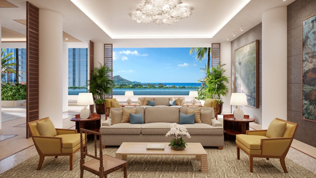 Rendering of the lobby with a sitting area and outdoor area that overlooks Diamond Head in the distance