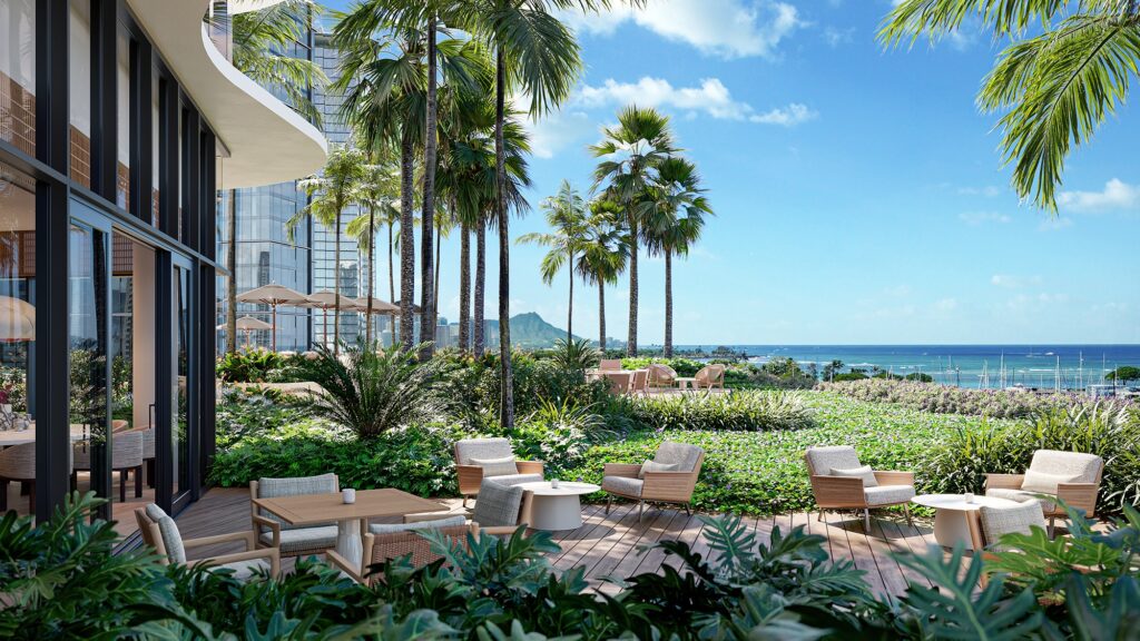 Rendering of an outdoor sitting area overlooking the ocean and Diamond Head in the background