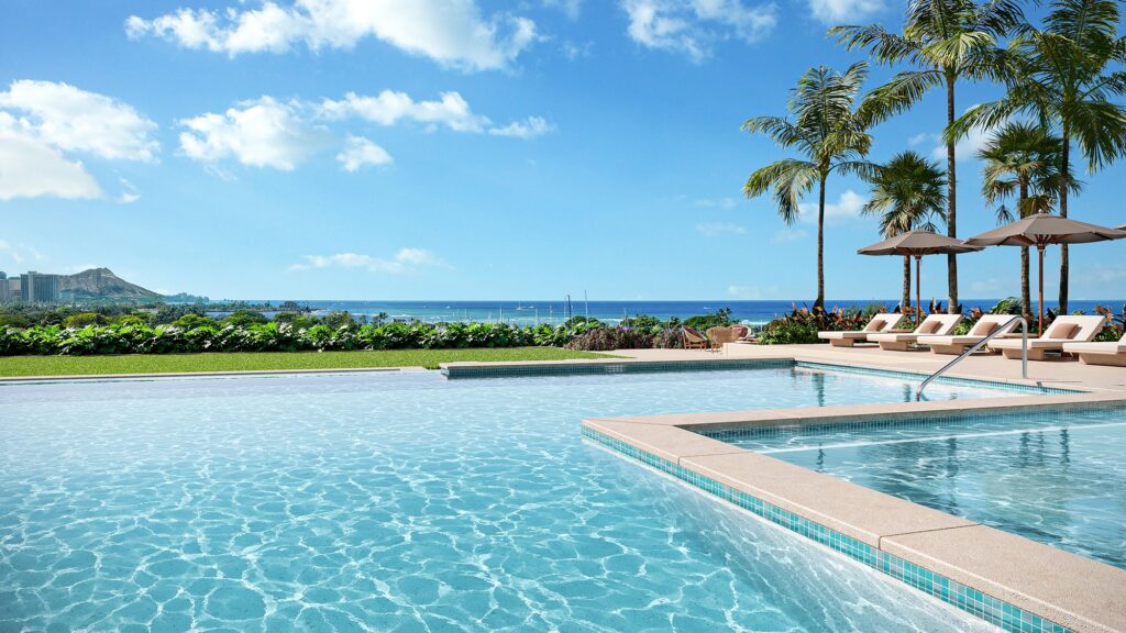 Rendering of the resort pool and a view of Diamond Head in the background