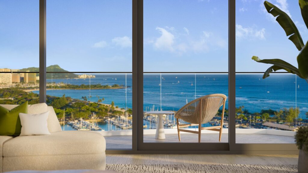 Rendering of an interior shot overlooking a view of the lanai with Diamond Head in the background