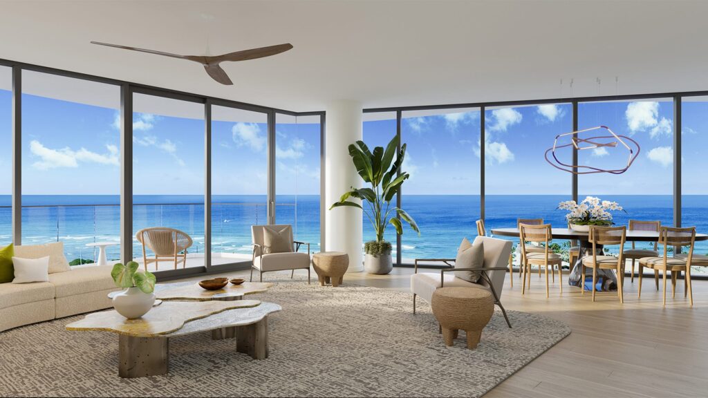Rendering of a living room area with wide windows that overlook the ocean