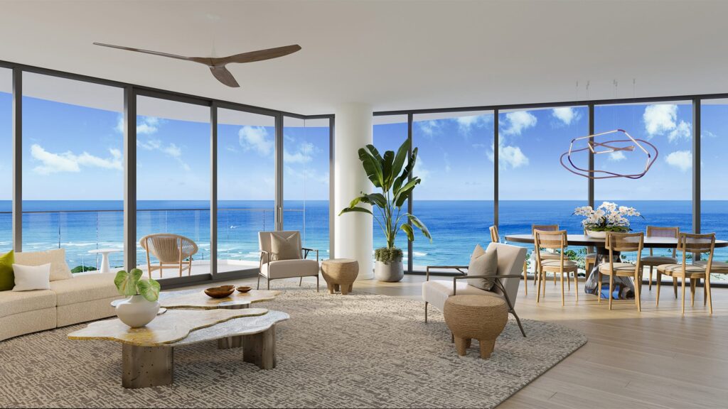 Rendering of a living room area with wide windows that overlook the ocean