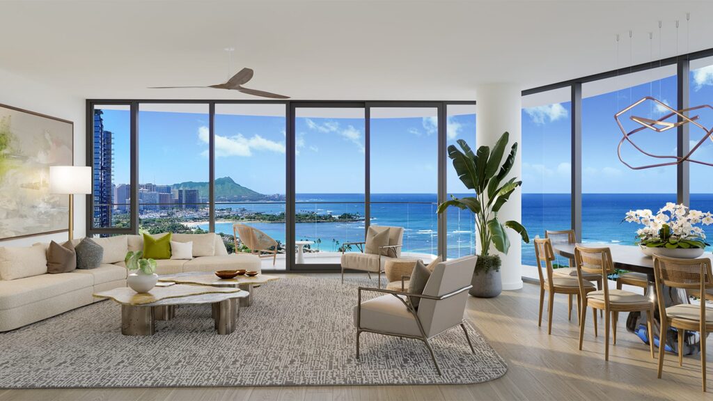 Rendering of an interior shot overlooking a view of the lanai with Diamond Head in the background