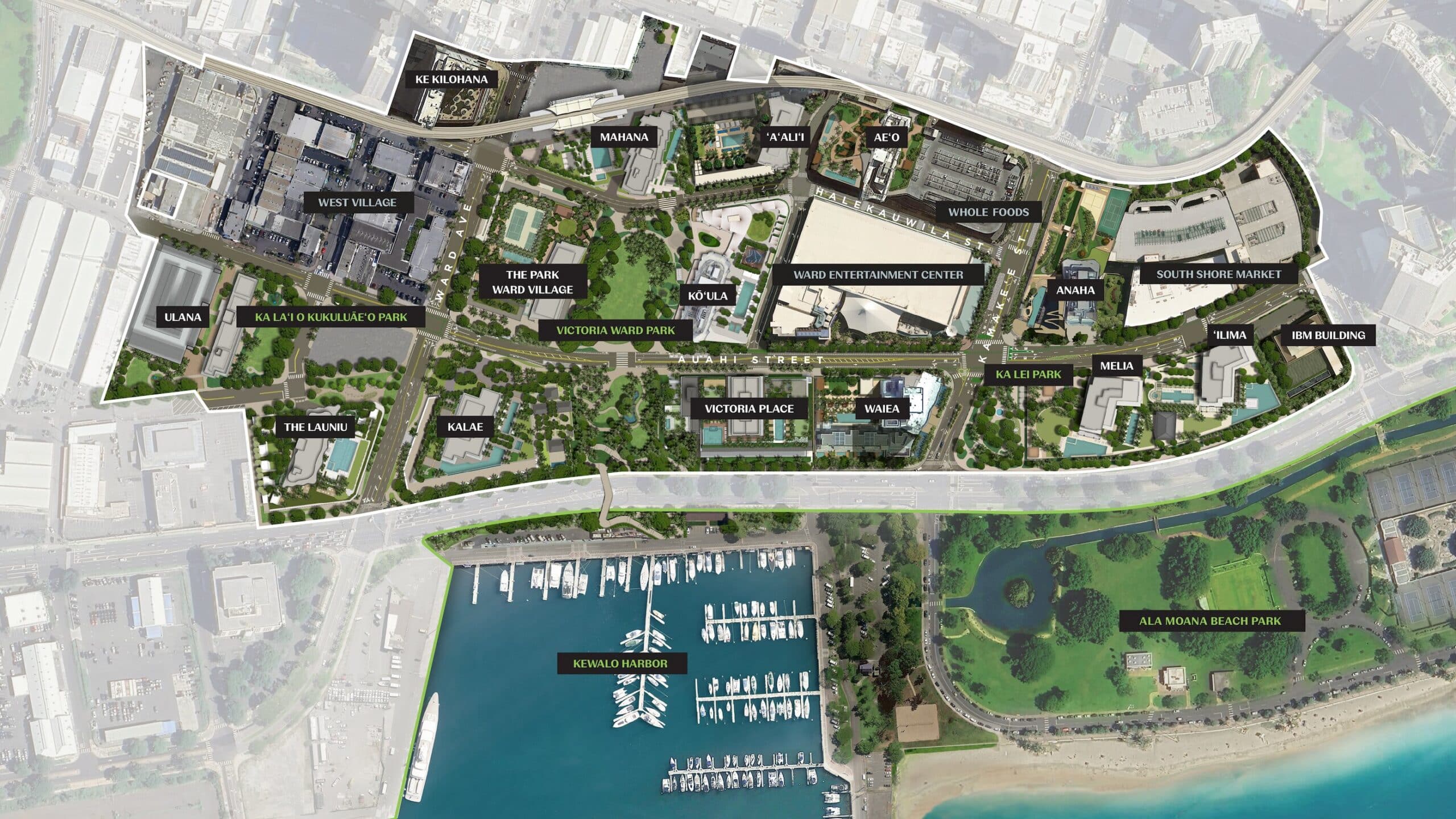 Aerial map of a waterfront development with labeled buildings, parks, marina, and beach area, showing roads and green spaces arranged in a planned layout.