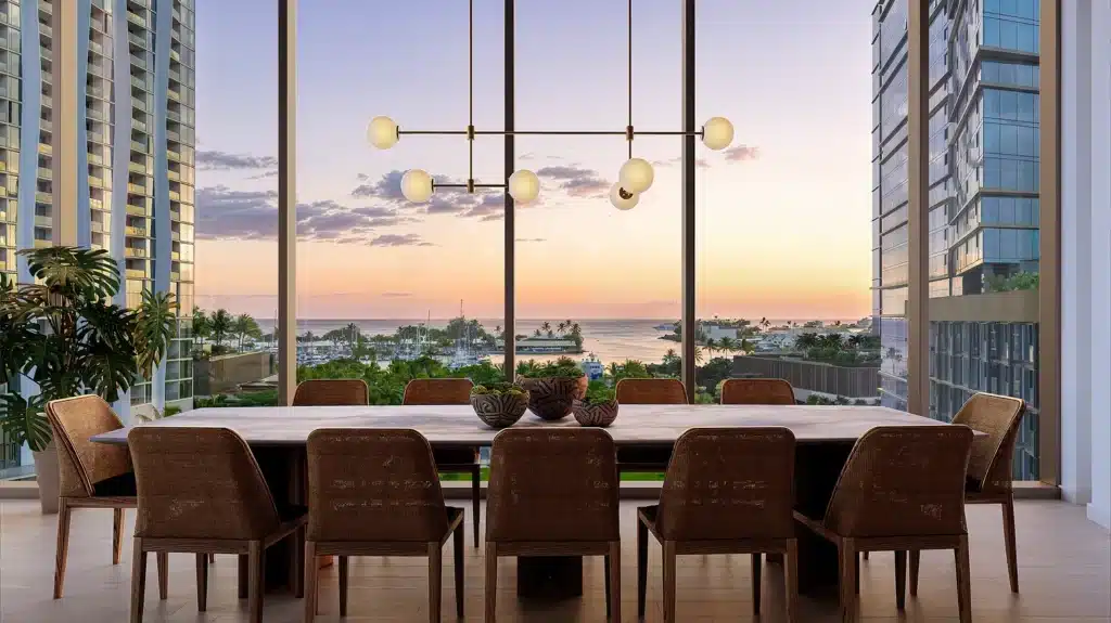 A modern dining room with a long table, eight chairs, and a chandelier overlooks a sunset view of the ocean and city buildings through floor-to-ceiling windows.